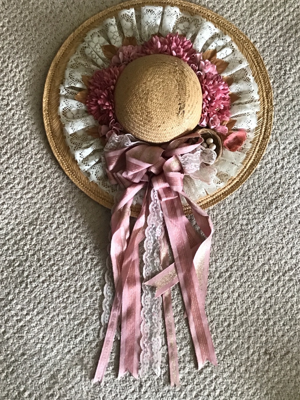 Vintage Straw Sun Hat with Pink Ribbon & Floral Trim